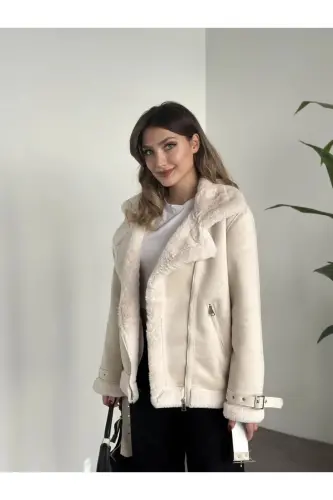 Yeni Sezon Kadın Içi Rapitli Kemer Detaylı Zr Deri Süet Mont-Ekru 