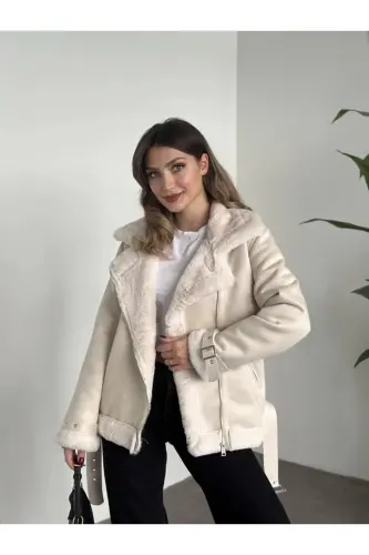 Yeni Sezon Kadın Içi Rapitli Kemer Detaylı Zr Deri Süet Mont-Ekru - 3