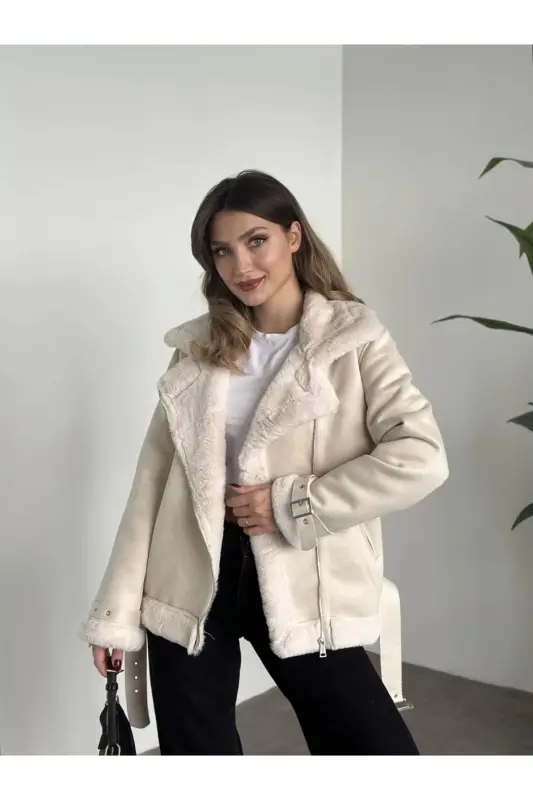 Yeni Sezon Kadın Içi Rapitli Kemer Detaylı Zr Deri Süet Mont-Ekru - 3