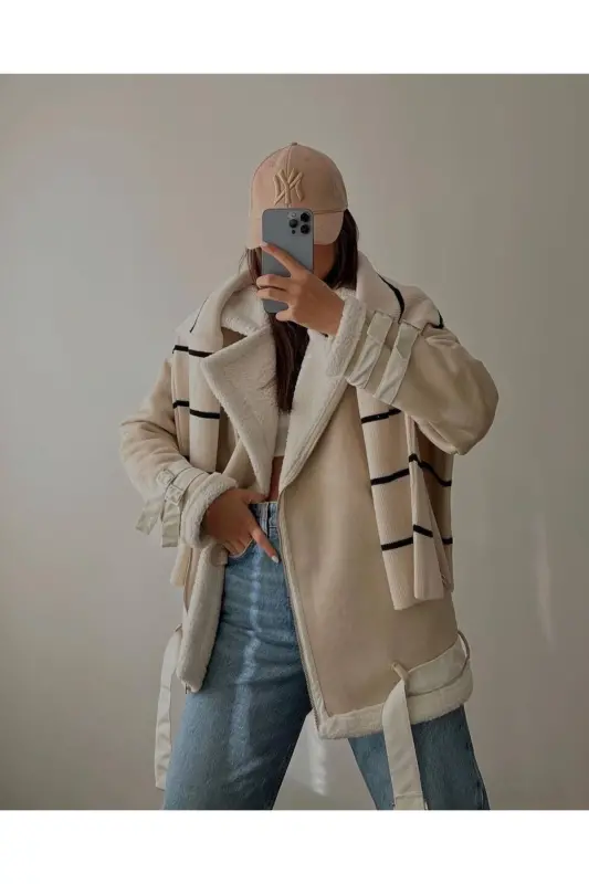 Yeni Sezon Kadın Içi Rapitli Kemer Detaylı Zr Deri Süet Mont-KREM - FOOT SNEAKERSS