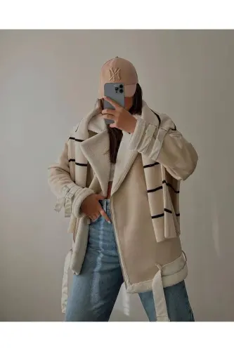 Yeni Sezon Kadın Içi Rapitli Kemer Detaylı Zr Deri Süet Mont-KREM - 1