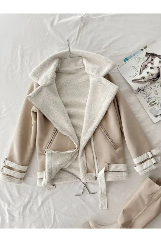 Yeni Sezon Kadın Içi Rapitli Kemer Detaylı Zr Deri Süet Mont-KREM - 3