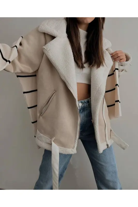 Yeni Sezon Kadın Içi Rapitli Kemer Detaylı Zr Deri Süet Mont-KREM - 2