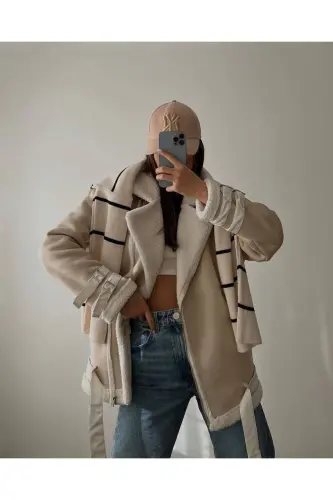 Yeni Sezon Kadın Içi Rapitli Kemer Detaylı Zr Deri Süet Mont-KREM - 4