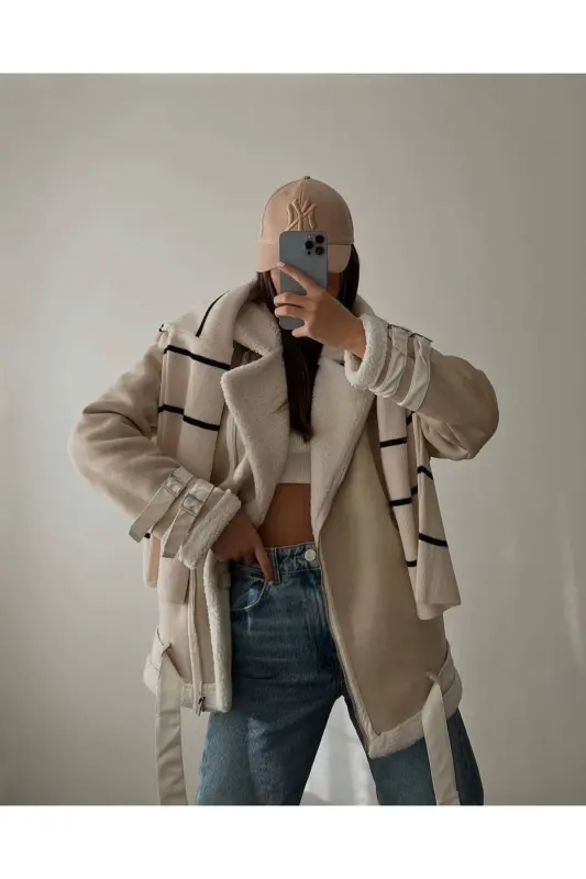 Yeni Sezon Kadın Içi Rapitli Kemer Detaylı Zr Deri Süet Mont-KREM - 4