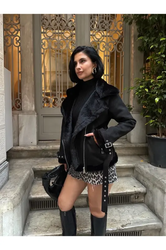 Yeni Sezon Kadın Içi Rapitli Kemer Detaylı Zr Deri Süet Mont-Siyah - FOOT SNEAKERSS