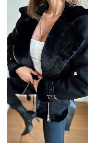 Yeni Sezon Kadın Içi Rapitli Kemer Detaylı Zr Deri Süet Mont-Siyah - FOOT SNEAKERSS (1)