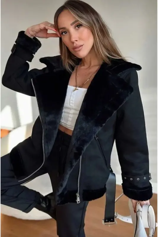 Yeni Sezon Kadın Içi Rapitli Kemer Detaylı Zr Deri Süet Mont-Siyah - 3