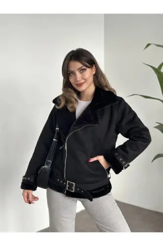 Yeni Sezon Kadın Içi Rapitli Kemer Detaylı Zr Deri Süet Mont-Siyahh 