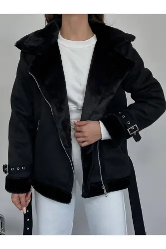 Yeni Sezon Kadın Içi Rapitli Kemer Detaylı Zr Deri Süet Mont-Siyahh - FOOT SNEAKERSS (1)