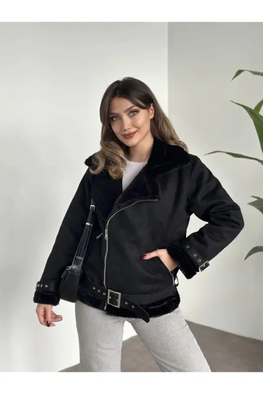 Yeni Sezon Kadın Içi Rapitli Kemer Detaylı Zr Deri Süet Mont-Siyahh - 1