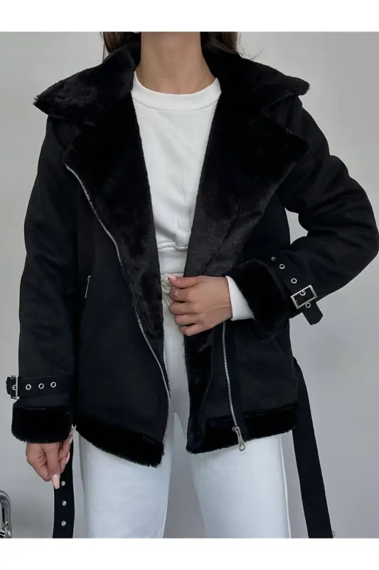 Yeni Sezon Kadın Içi Rapitli Kemer Detaylı Zr Deri Süet Mont-Siyahh - 2