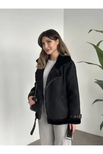 Yeni Sezon Kadın Içi Rapitli Kemer Detaylı Zr Deri Süet Mont-Siyahh - 4