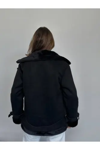 Yeni Sezon Kadın Içi Rapitli Kemer Detaylı Zr Deri Süet Mont-Siyahh - 3