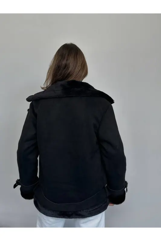 Yeni Sezon Kadın Içi Rapitli Kemer Detaylı Zr Deri Süet Mont-Siyahh - 3