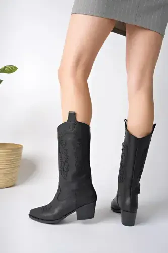 Kadın Siyah Deri Nakışlı Yeni Sezon Kovboy Çizme-Siyah Deri - 3