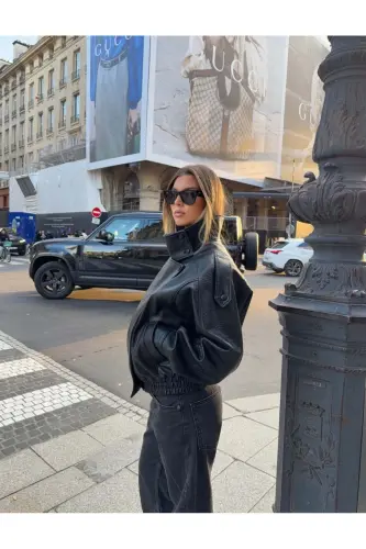 Yeni Sezon Kadın Oversize Dik Yaka Apoletli Siyah Deri Ceket - Siyah&Black - CIQULATA (1)