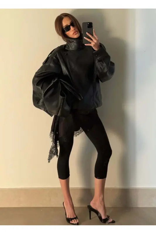 Yeni Sezon Kadın Oversize Dik Yaka Apoletli Siyah Deri Ceket - Siyah&Black - 4