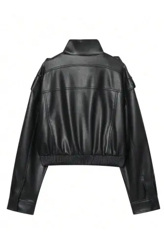 Yeni Sezon Kadın Oversize Dik Yaka Apoletli Siyah Deri Ceket - Siyah&Blackest Black - 4