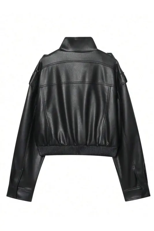 Yeni Sezon Kadın Oversize Dik Yaka Apoletli Siyah Deri Ceket - Siyah&Blackest Black - 4