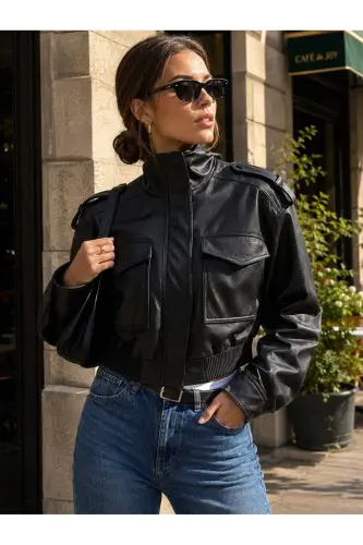 Yeni Sezon Kadın Oversize Dik Yaka Apoletli Siyah Deri Ceket - Siyah&Blackest Black - 5