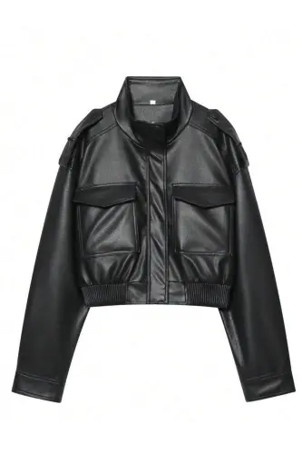 Yeni Sezon Kadın Oversize Dik Yaka Apoletli Siyah Deri Ceket - Siyah&Blackest Black - 6