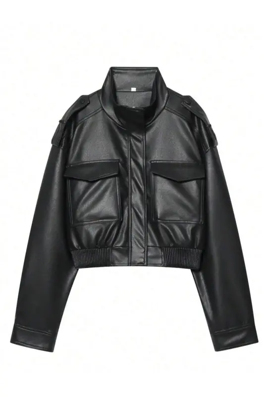 Yeni Sezon Kadın Oversize Dik Yaka Apoletli Siyah Deri Ceket - Siyah&Blackest Black - 6