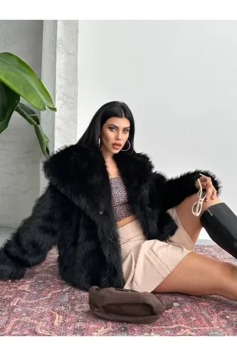 Yeni Sezon Kadın Premium Oversize Peluş Kürk Mont - Siyah - 1