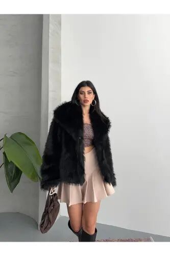 Yeni Sezon Kadın Premium Oversize Peluş Kürk Mont - Siyah - GM Butikk (1)