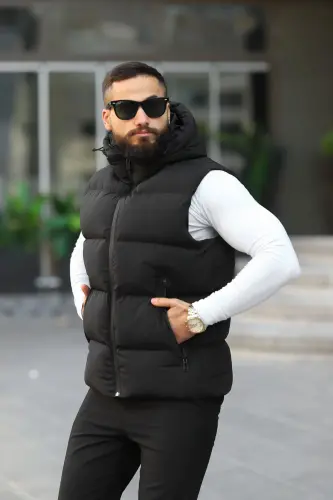 Yeni Sezon Kapüşonlu Su Geçirmez Şişme Yelek - SİYAH - 2