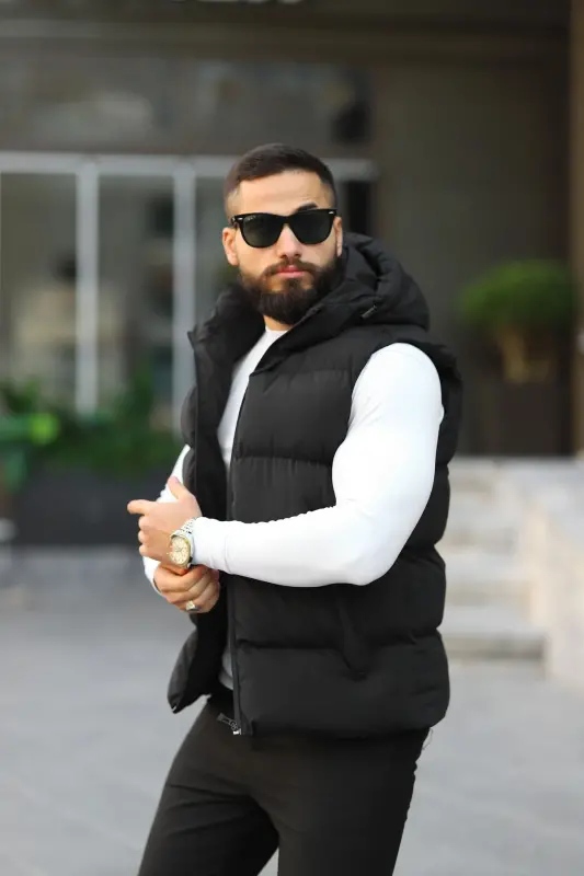 Yeni Sezon Kapüşonlu Su Geçirmez Şişme Yelek - SİYAH - 3