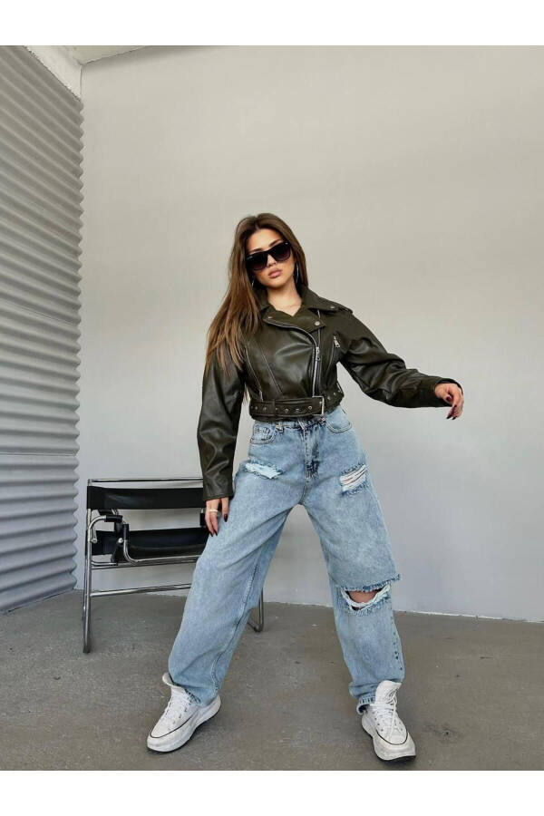 Yeni Sezon Kemerli Oversize Deri Biker Ceket - 5