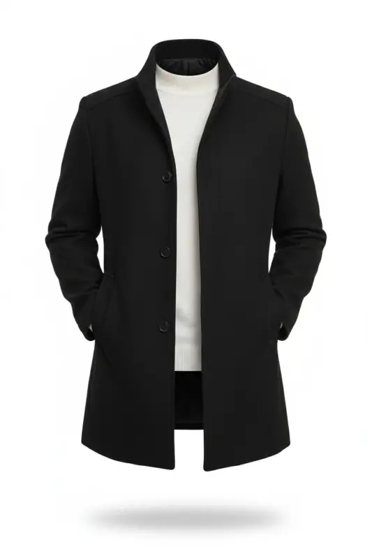 Erkek Siyah Dar Kesim Yeni Sezon Kısa Kaşe Kaban-Siyah - MERO LIFE