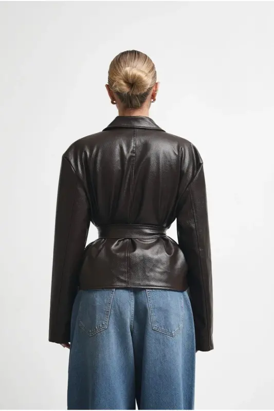 Yeni Sezon Kruvaze Kuşaklı Düğmeli Deri Ceket-Acı Kahve - 2