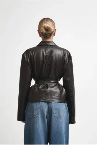 Yeni Sezon Kruvaze Kuşaklı Düğmeli Deri Ceket-Acı Kahve - LALELI BUTIK (1)