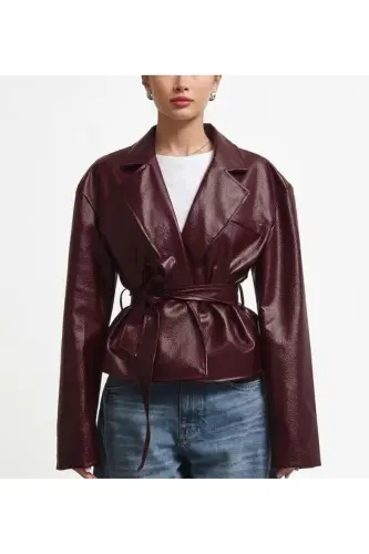 Yeni Sezon Kruvaze Kuşaklı Düğmeli Deri Ceket - Bordo&Burgundy - 1