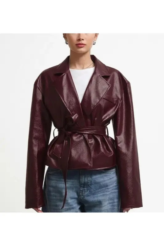 Yeni Sezon Kruvaze Kuşaklı Düğmeli Deri Ceket - Bordo&Burgundy - 1