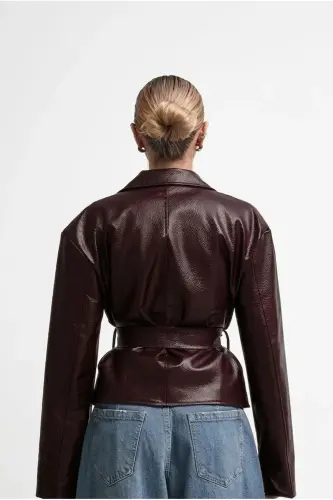 Yeni Sezon Kruvaze Kuşaklı Düğmeli Deri Ceket - Bordo&Burgundy - LALELI BUTIK (1)