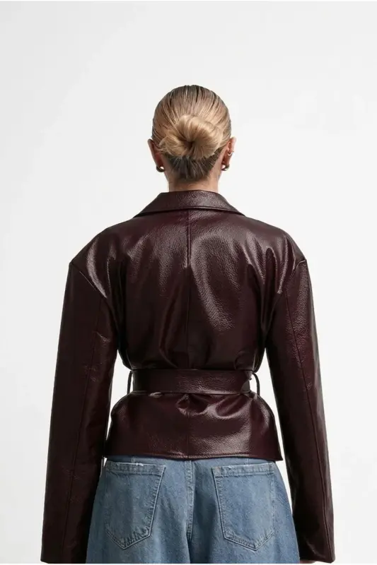 Yeni Sezon Kruvaze Kuşaklı Düğmeli Deri Ceket - Bordo&Burgundy - 2