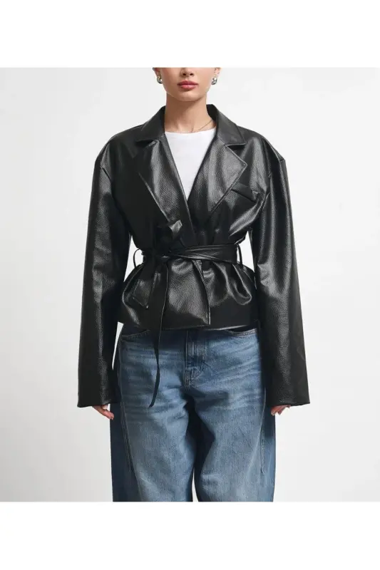 Yeni Sezon Kruvaze Kuşaklı Düğmeli Deri Ceket-Siyah&Black - 3