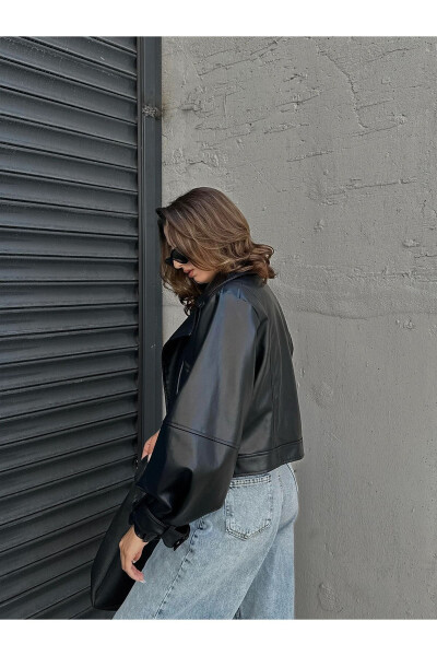 Yeni Sezon Oversize Balon Kol Deri Ceket - Siyah - 19