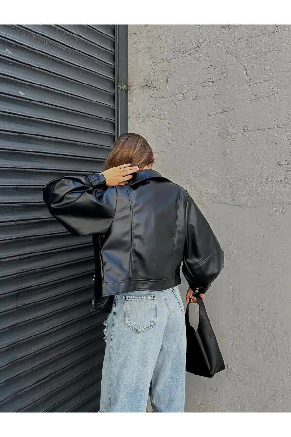 Yeni Sezon Oversize Balon Kol Deri Ceket - Siyah - 12
