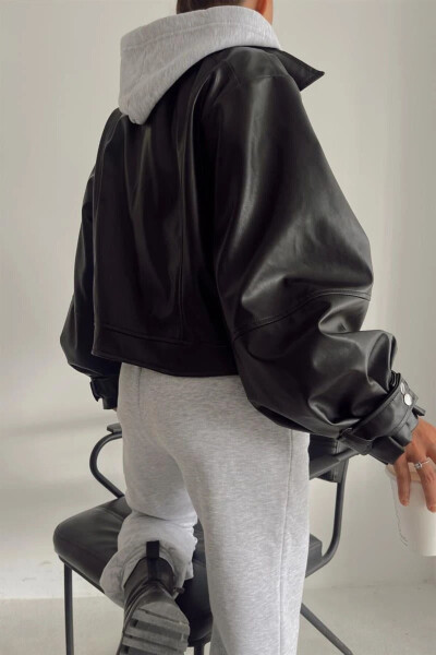Yeni Sezon Oversize Balon Kol Deri Ceket - Siyah - 6