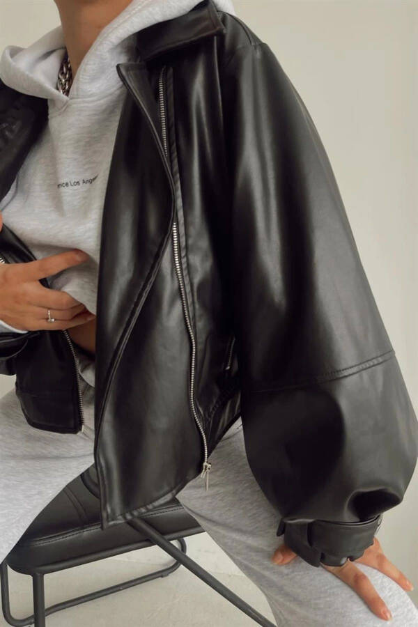 Yeni Sezon Oversize Balon Kol Deri Ceket - Siyah - 8
