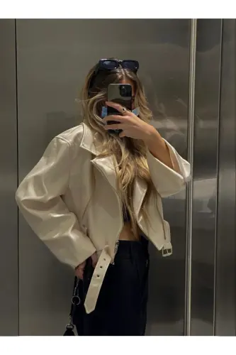 Yeni Sezon Oversize Kadın Beyaz Biker Deri Ceket-Krem - 2