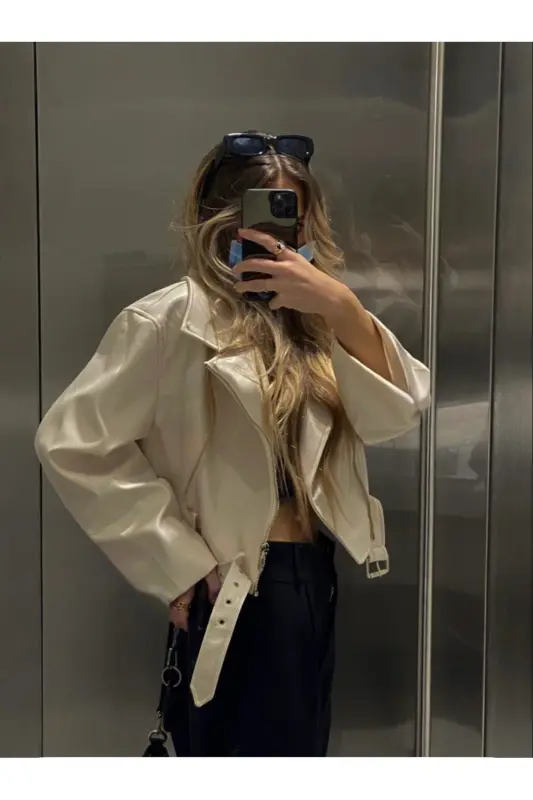 Yeni Sezon Oversize Kadın Beyaz Biker Deri Ceket-Krem - 2