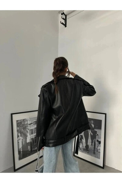 Yeni Sezon Oversize Kadın Siyah Biker Deri Ceket - 5