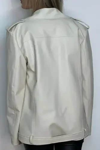 Elvera Yeni Sezon Oversize Uzun Kadın Krem Deri Ceket-Krem - 5