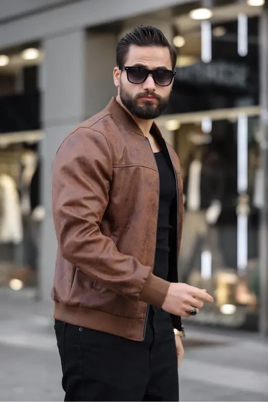 Yeni Sezon Vintage Napa Deri Kolej Ceket-Kahverengi napa - BASEL.CO