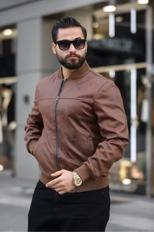 Yeni Sezon Vintage Napa Deri Kolej Ceket-Kahverengi napa - 3